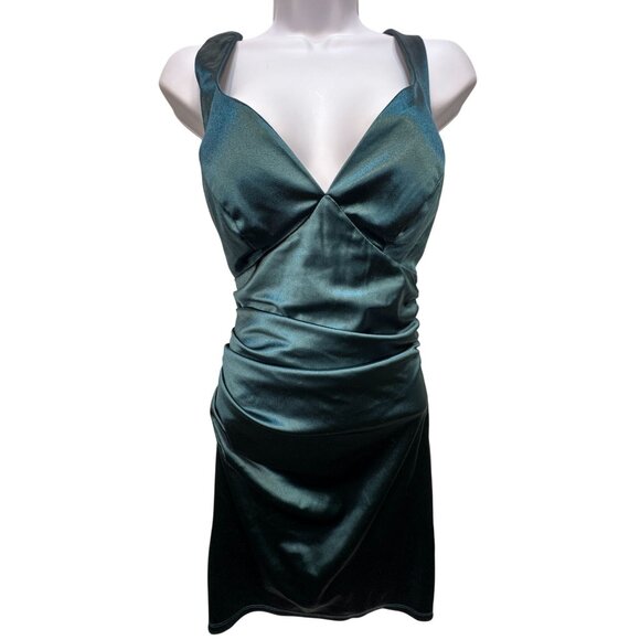 B. Darlin Womens Satin Strappy Ruched Dress Size M Emerald Green Sexy - Picture 2 of 12